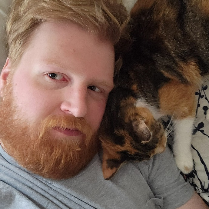 Big Human Man Cat Sitting